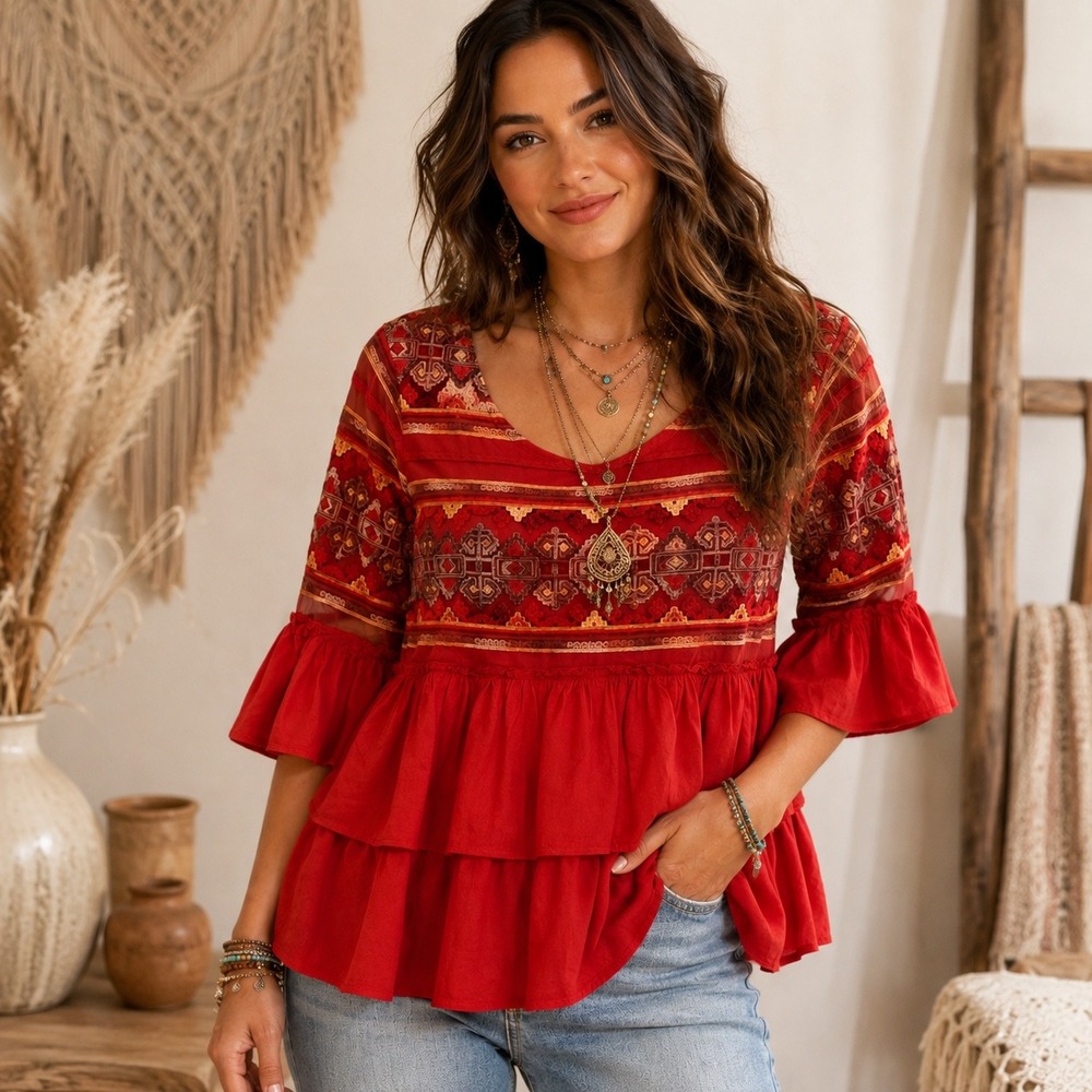 M 140 Cristina Red Embroidered Sheer Mesh Tiered Ruffle Peplum Boho Peasant Top
